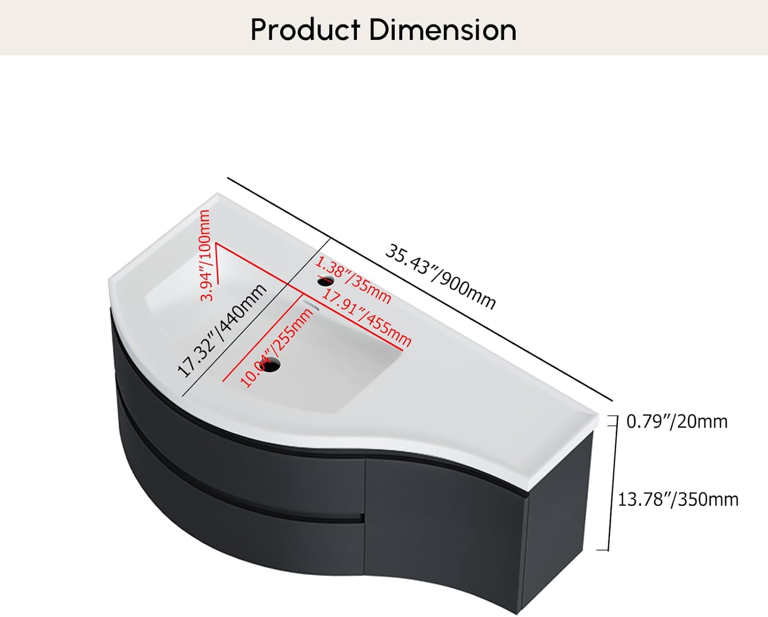 Floating Bathroom Vanity with Sink, 35.4" Modern Curved Bathroom Vanity, Wall Mounted Half-Circle Bathroom Cabinet, White & Black, Left-Hand Sink
