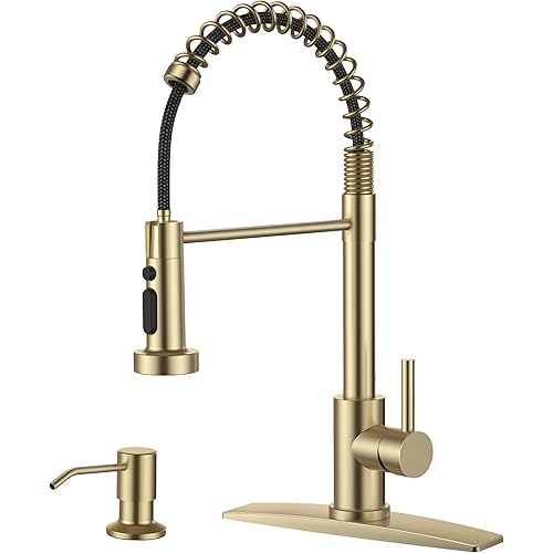 FORIOUS Kitchen Faucet with Soap Dispenser, Gold Stainless Steel Single Handle Modern Spring Commercial Sink Faucet with Pull Down Sprayer for RV Camp Bar Farmhouse