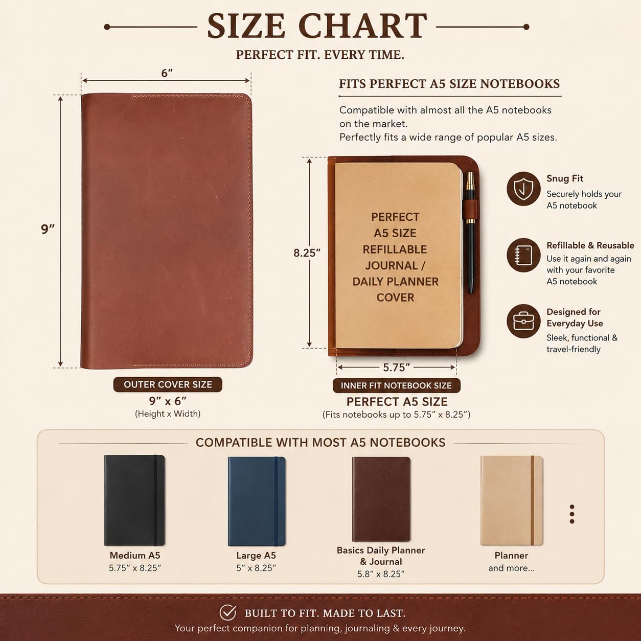 Funda para diario de piel de grano completo A5, rellenable, para cuaderno A5 (14,6 x 21 cm), con trabilla para bolígrafos, ranuras para tarjetas, tapa rellenable, color marrón | Funda de piel recargable hecha a mano para cuadernos tamaño mediano A5 de 14