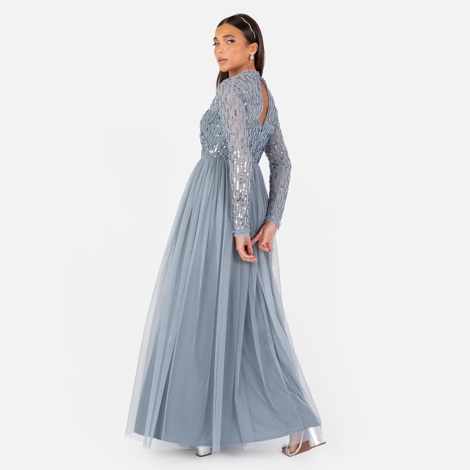 Women's Maxi Dress Ladies Modest High Neck Long Sleeve Tulle Sequin Embellished A-Line Wedding Guest Bridesmaid Prom