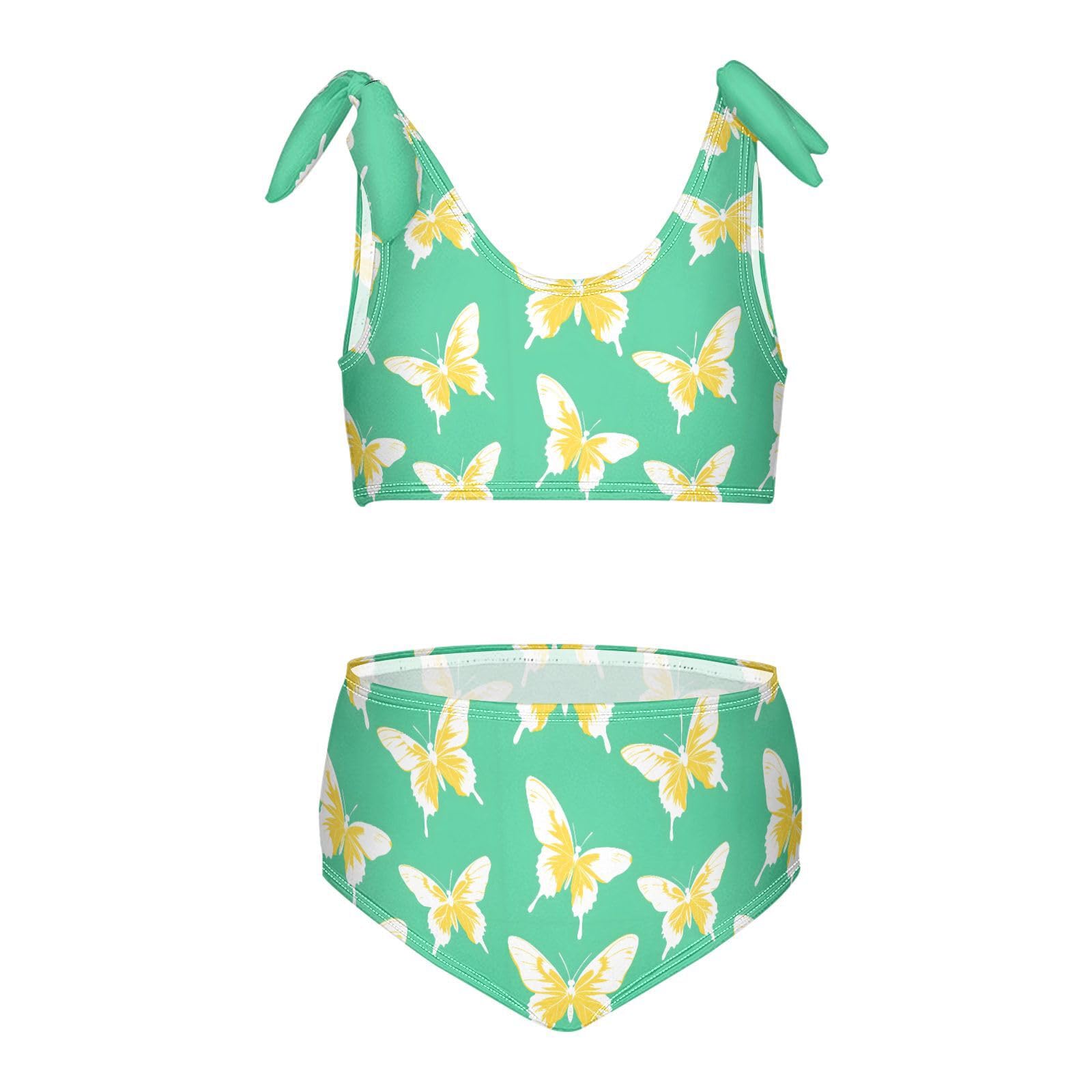Green Pattern Butterfly Girls Two Piece Tankini Swimsuits Summer Bathing Suit Beach Swimwear Set, 4T