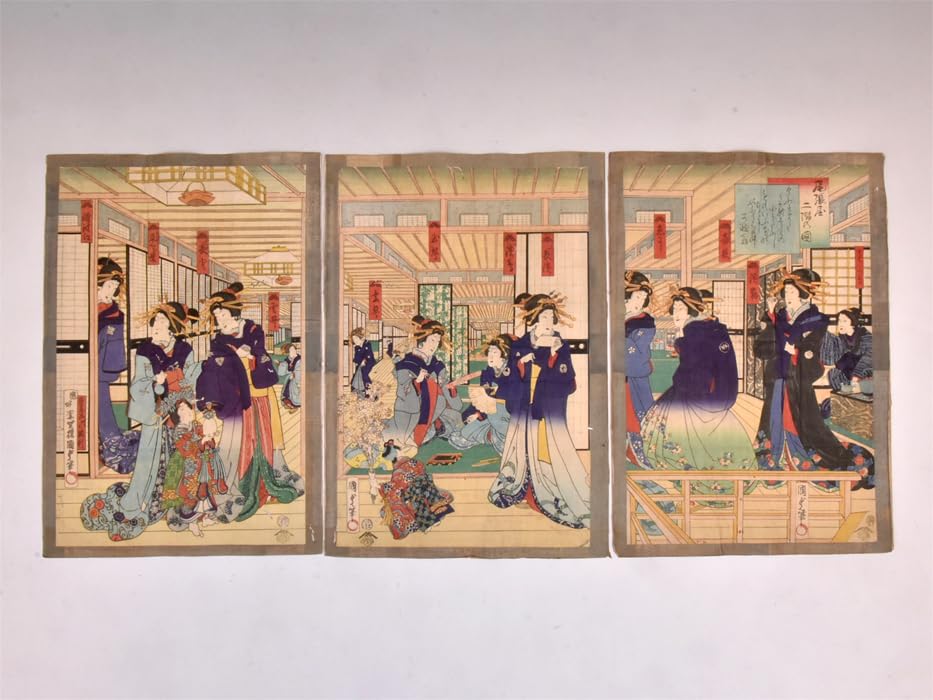 歌川國貞　浮世絵 姫君様行列之図　額縁 大錦三枚続き 歌川国貞 作 「姫君様行列之図」／ホームメイト