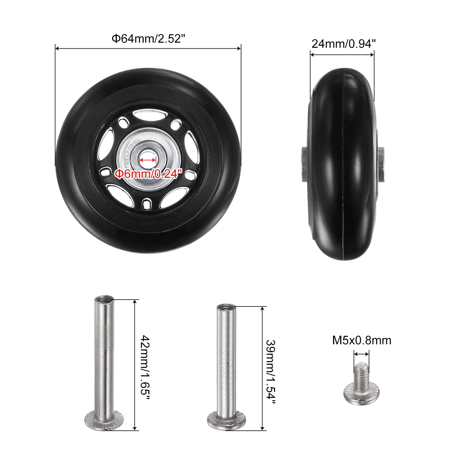 Zamienny Bagaż Koła 64x24mm Walizka Koło Naprawa Ekwipunek Include 2 PU Łożysko Koła & Podkładka, Klucz & Oś Śruba do Wózek Tasza, Inline Skate i Kółko jezdne Rada