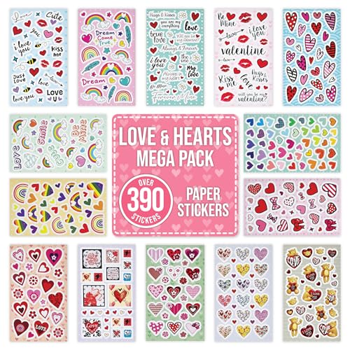 Love Heart Stickers for Girls Kids Over 390 Self Adhesive Paper Stickers 14 Sheets for Crafts Scrapbooking Party Bag Fillers & Classroom Rewards (Valentine Teddy Rainbow)
