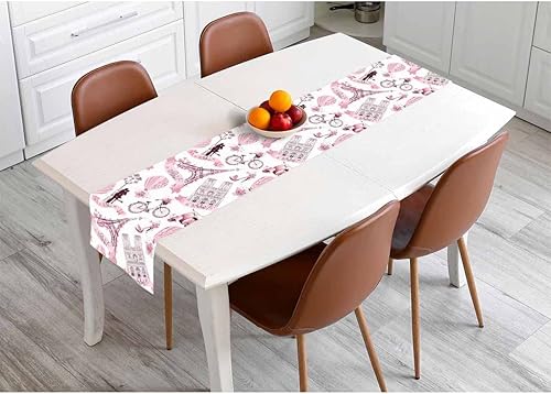 Miniatura 4 de HOSNYE Camino de mesa rosa romántico para viajes en París, camino de mesa de lino y algodón para decoración de cocina, mesa familiar, mesa de cena,