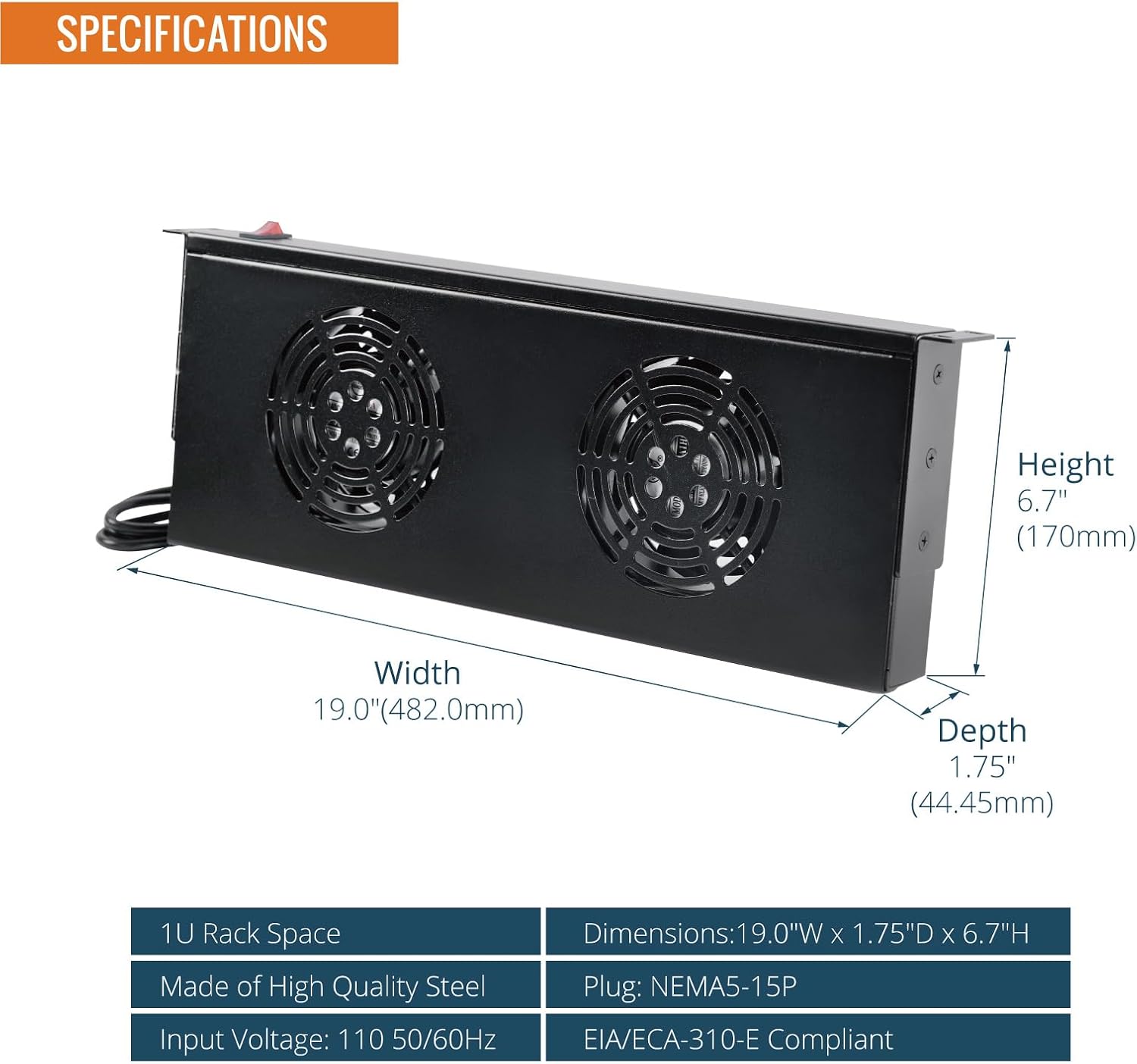 Tecmojo Rack Cabinet Mounted Server 1U 2 Fan Unit Cooling System Exhaust Airflow, for Cooling AV, Home Theater, Network 19inch Racks