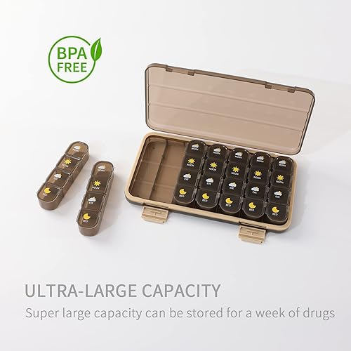 Miniatura 5 de Organizador semanal de píldoras, pastillero 4 veces al día, organizador de medicamentos 7 días, pastilleros diarios portátiles para vitaminas,