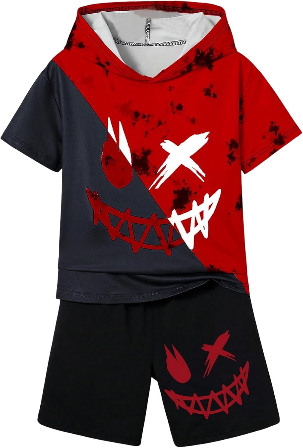 WDIRARA Boy's Two Piece Graphic Print Hooded Neck Tops and Track Shorts Clothing Set