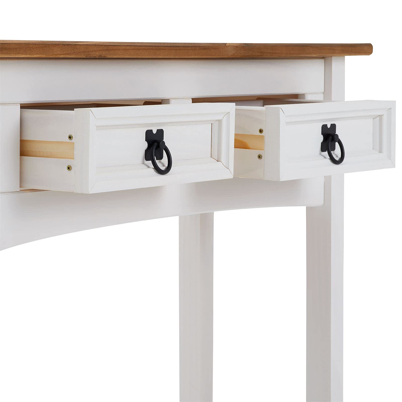 IDIMEX Console Campo Meuble Style Mexicain, Table Console Fabriquée en Pin Massif, 2 Tiroirs, 1 Étagère, Poignées en Métal, Console Finition lasurée Blanche