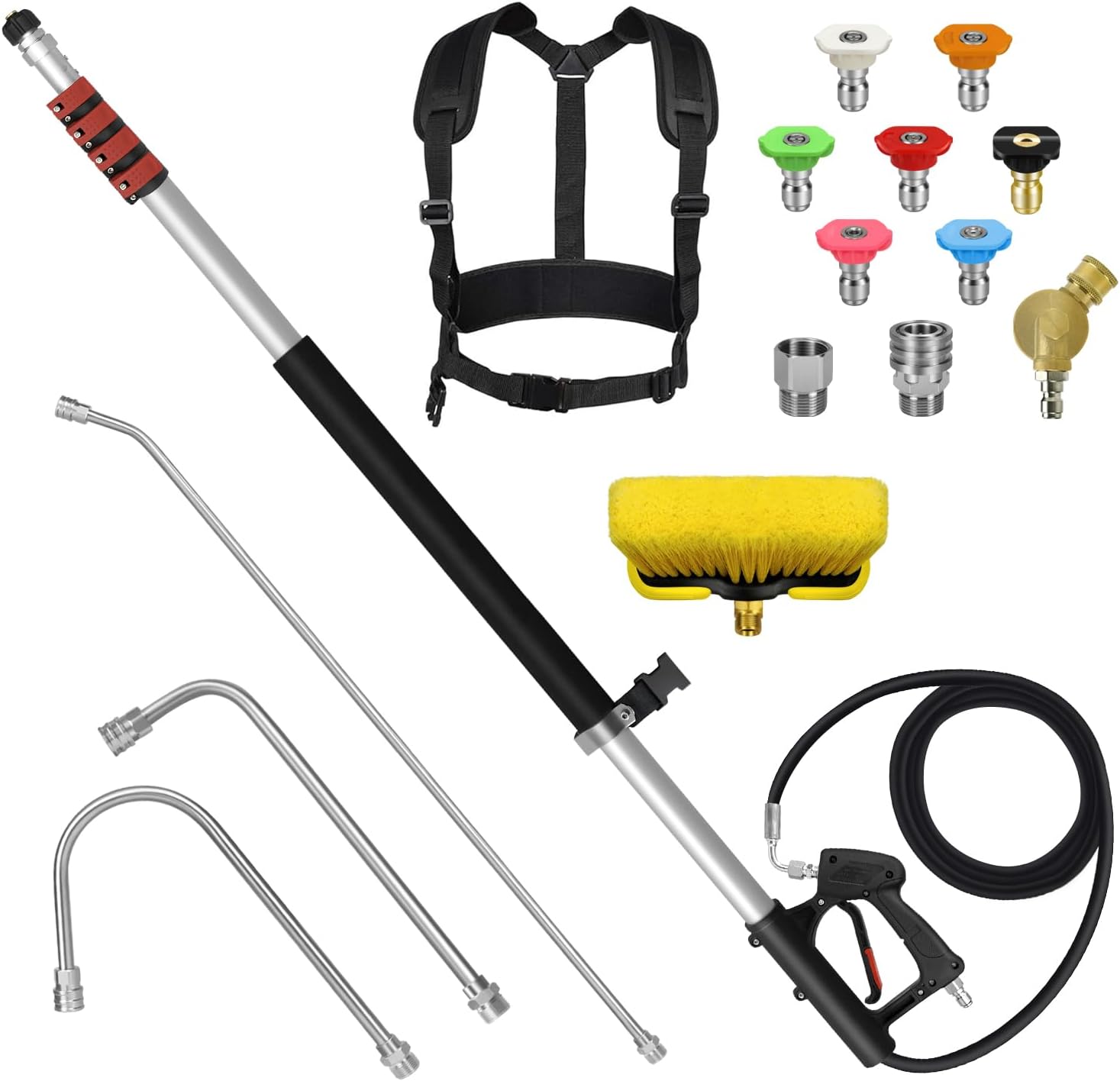 24FT Telescoping Pressure Washer Wand Kit - 2 Extension Poles, Gutter Cleaner, Brush, Pivoting Coupler & 7 Nozzles for Roof, Deck, Vehicle, Sidings 24 FT PRO