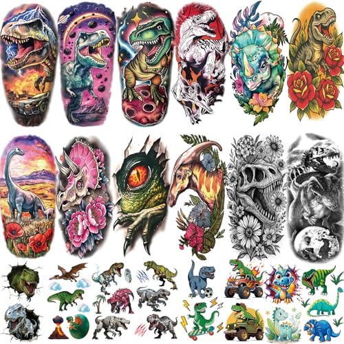 77 Sheets Dinosaur Temporary Tattoos for Kids Adult Large Triceratops T-Rex Skull Raptor Claw Dinosaur Fake Tattoos for Boys Girl Tiny Dino Tattoo for Birthday Party Favors T-rex Decoration