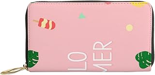 Carteiras femininas de couro genuíno Hello Summer Tropical Fruit Porta-cartão de crédito com zíper organizador de bolsa feminina longa de viagem, Hello Summer Tropical Fruits, 7x4.3x0.8 Inches