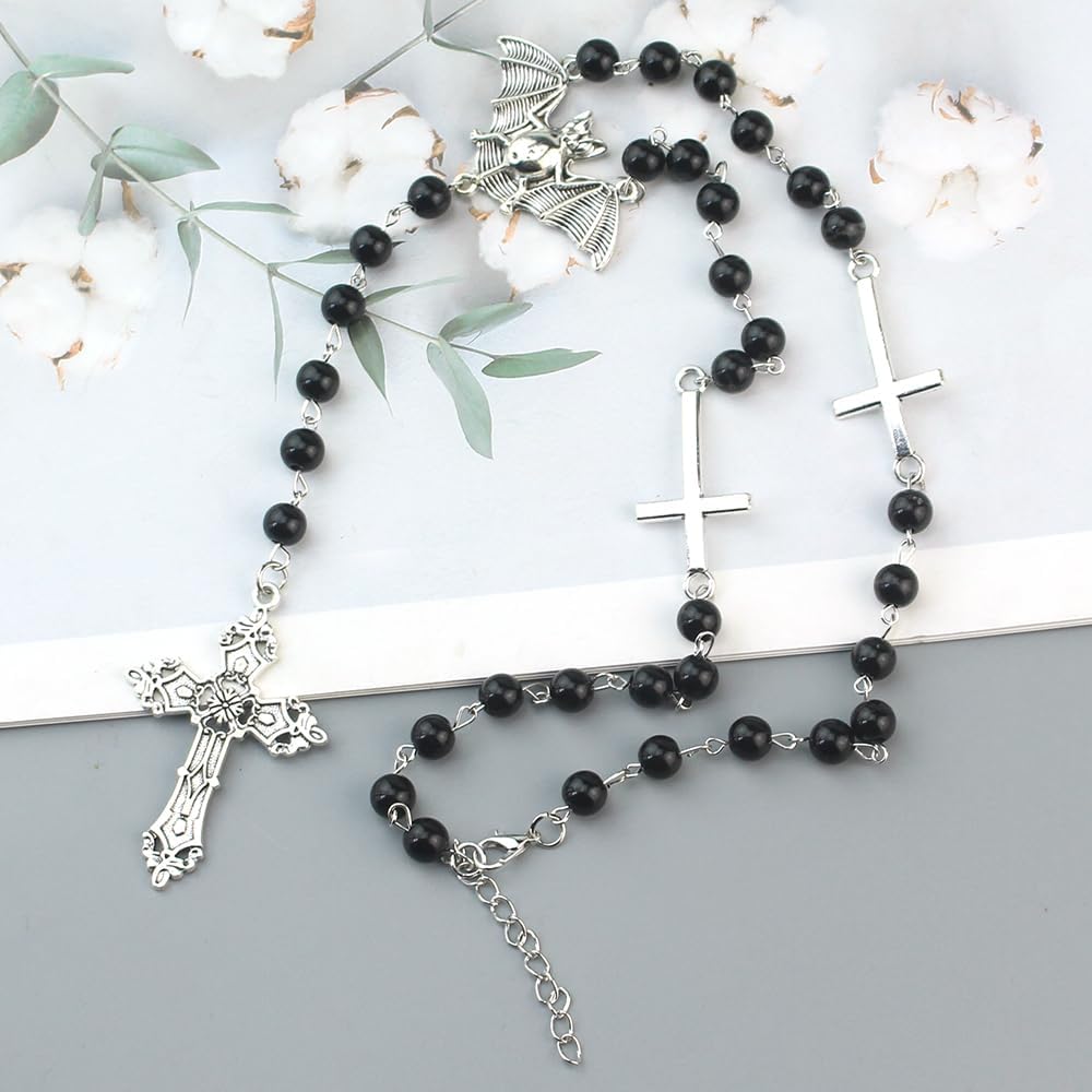 Gothic Rosary Necklace with Black Beads, Silver Cross Pendant and Bat Charm, Religious Jewelry