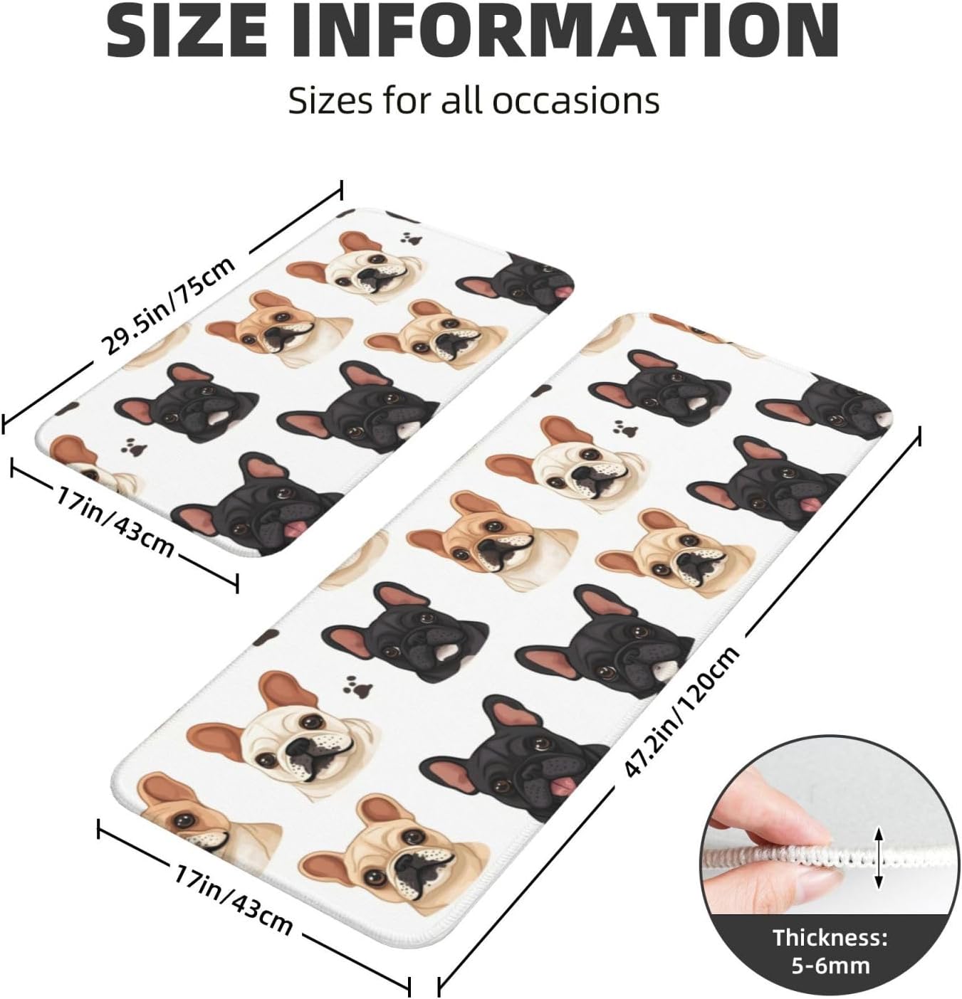 Cute Pug Dogs Print Kitchen Rugs Sets of 2 Non Slip Washable, Anti Fatigue Kitchen Mats for Floor, Home Decor