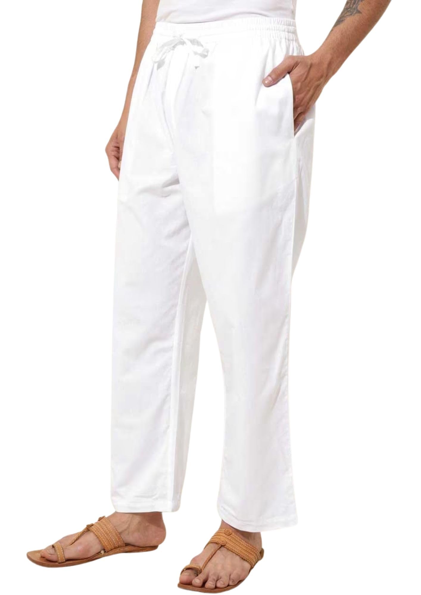 Cotton Pyjama Pants with Side Pockets, Elastic Waistband, White, Casual Wear-image-38