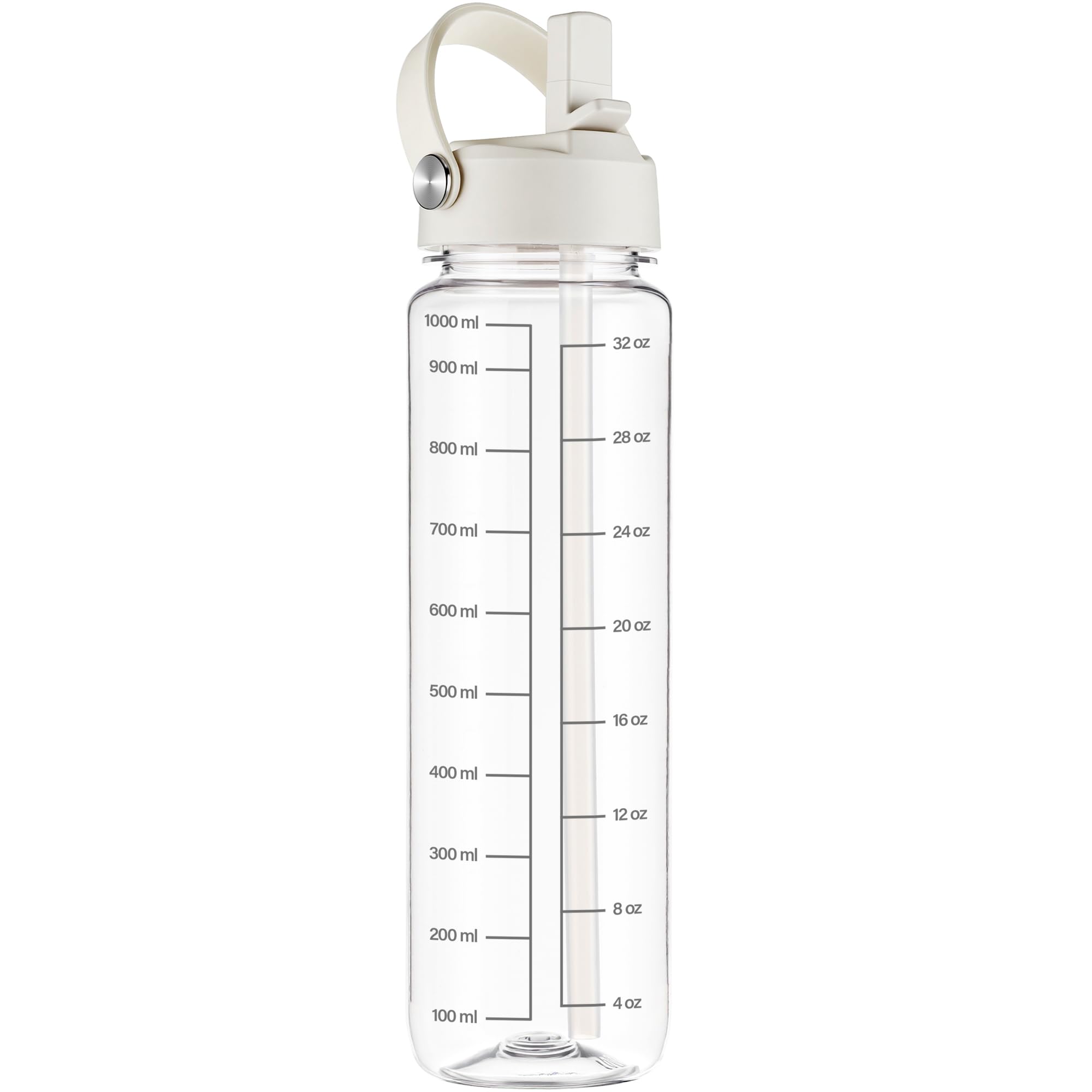 GOPPUS 1000ml/32oz Clear Water Bottle with Straw, Tritan Leakproof Sports Drinking Bottle, BPA Free Wide Mouth Gym Bottle with Handle and Measurement Marks for School, Gym, Travel (Transparent)