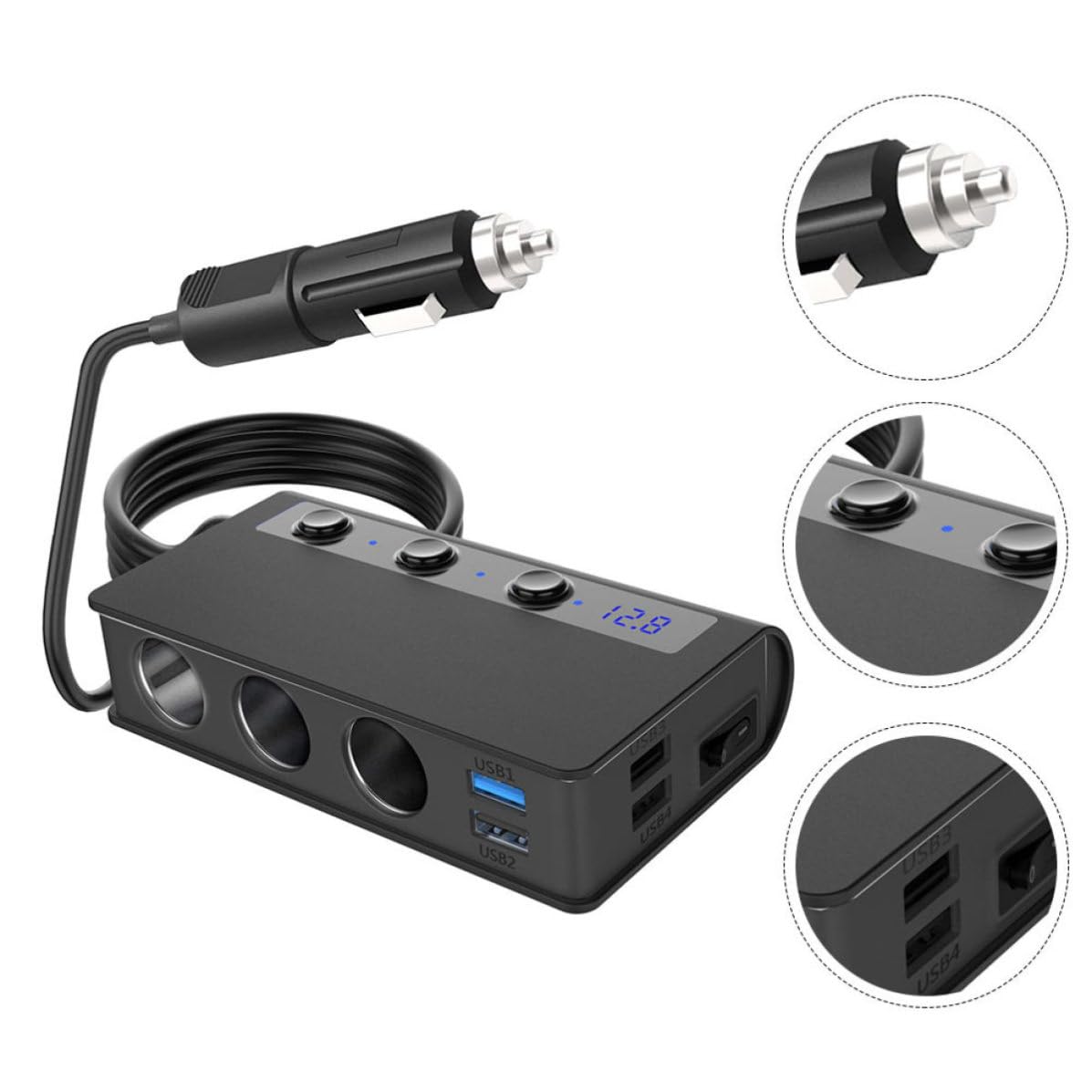 Cargador de Coche 180 W 4 USB y 3 Mechero, PC Negro