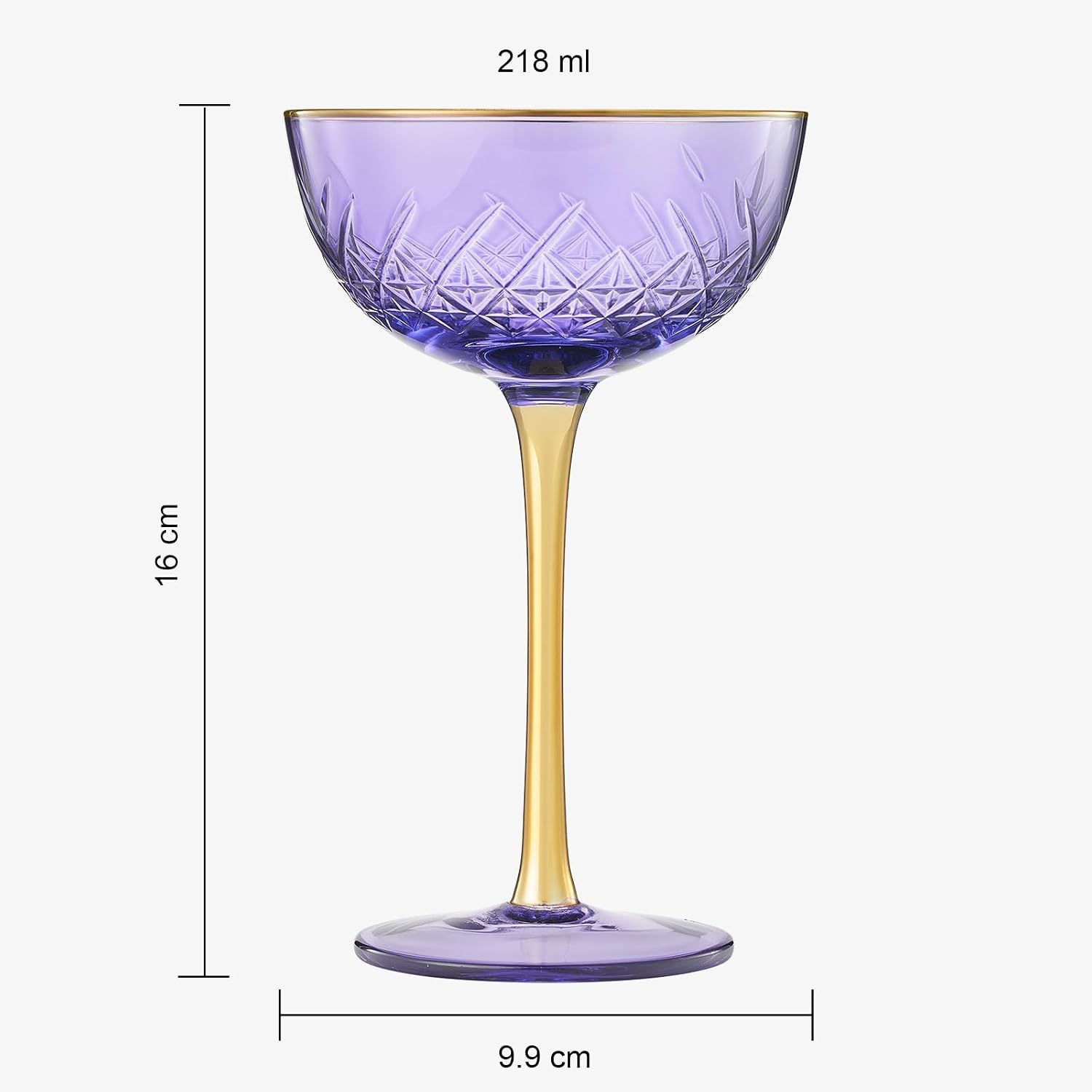 Vintage Art Deco Coupe for Champagne, Martini, Cocktails| Set of 2 | 7 oz Classic Cocktail Glassware - Manhattan, Cosmopolitan, Sidecar, Crystal Speakeasy Style Saucer Goblets with Stems (Purple)
