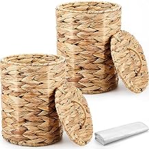 Ctosree 2 Pcs Wicker Trash Can Basket Woven Waste Basket with Lid Bathroom Wastebasket Garbage Bin with 100 Pieces of Trash Bags for Bedroom Farmhouse Home Office KitchenBrown, Small