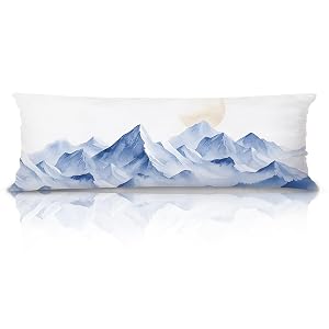 XUNLURY Blue Misty Mountain 20x54 Body Pillow Cover Watercolor Nature Foggy Mountain Forest Moon Landscape Decorative Long Pillow