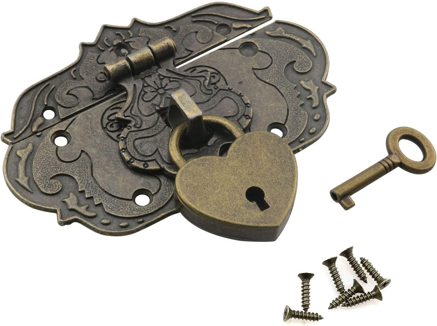 Zinc Alloy Wooden Box Hasp Latch and Heart-Shaped Padlock with Key and Mounting Screws for Jewelry Trinket Box, Bronze