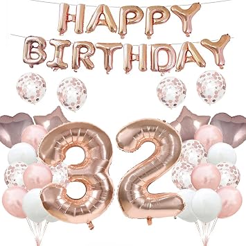 GLZLMM 32th Birthday Balloon 32th Birthday Decorations Rose Gold 32 Balloons Happy 32th Birthday Party Supplies Number 32 Foil Mylar Balloons Latex Balloon Gifts for Girls,Boys,Women,Men
