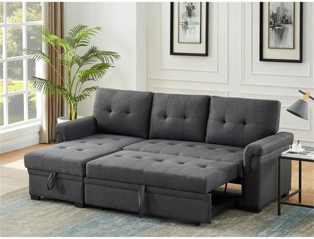 Pemberly Row Linen Fabric Reversible Sleeper Sofa, Gray Upholstered Pull-Out Bed, Storage Chaise, Tufted Cushions, Foam-Filled Seating, 3-Person Capacity, Modern Living Room Furniture