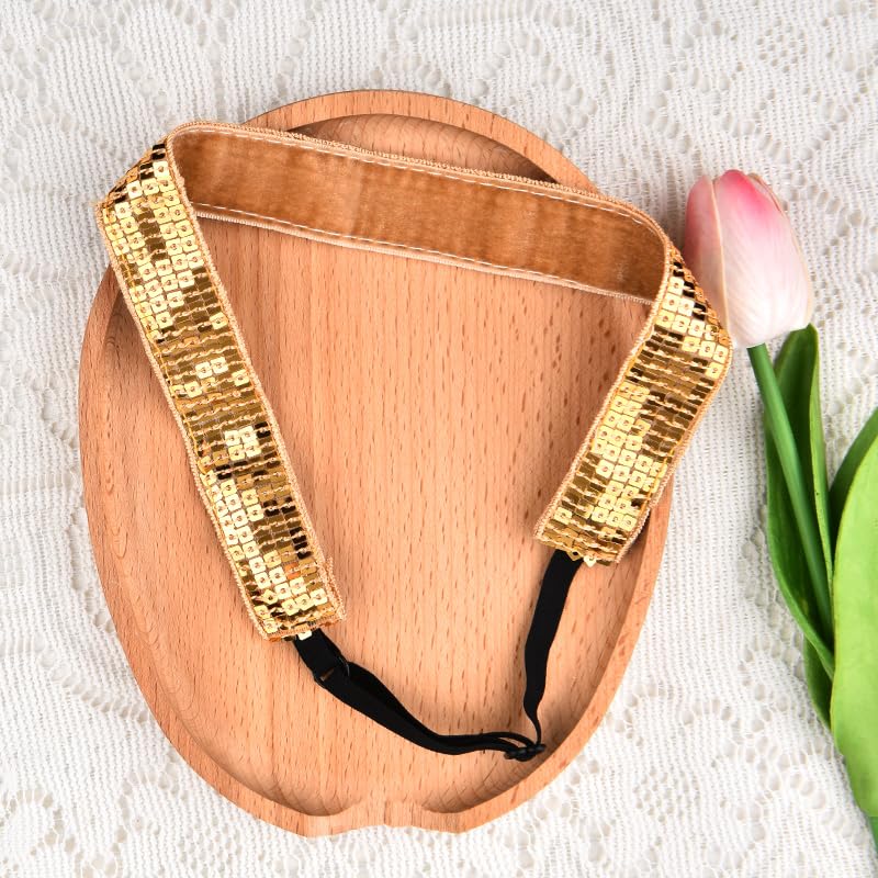 Gold Sequin Headband Elastic Sparkly Headbands for Women Sparkly Glitter Hair Band for Thick Thin Hair Gold Headpiece Headdress for Women Bling Disco Sequin Hairband for Party Prom Spa - Image 3