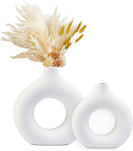 Miniatura 1 de Pripey Jarrón de rosquilla, juego de 2 jarrones huecos de cerámica para hierba de las pampas, jarrón minimalista estilo nórdico bohemio para bodas,