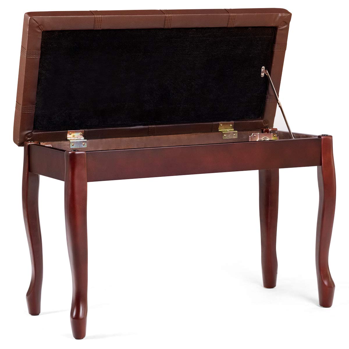 GOPLUS Banc de Piano Double en Bois Massif Robuste avec Siège Rembourré en Cuir PU, Tabouret Piano 2 Places avec Compartiment de Rangement, Charge Max 180KG (Marron, Pied Incurvé,Bande)