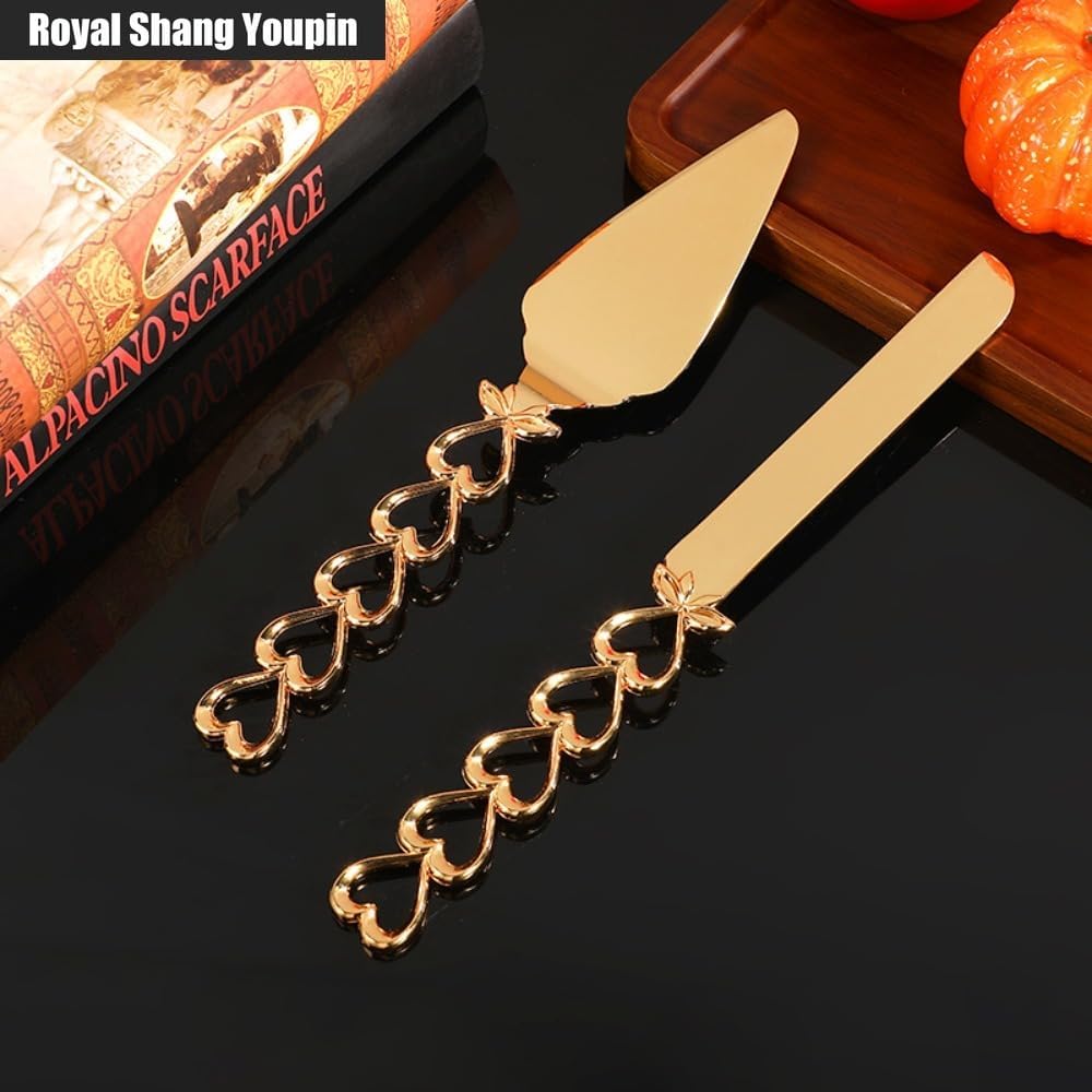 Creative Love Knife Handle Cake Knife Shovel Server 2-piece Set Bread Cutting Supplies Light Luxury Crafts Desktop Tableware Decoration (Gold)