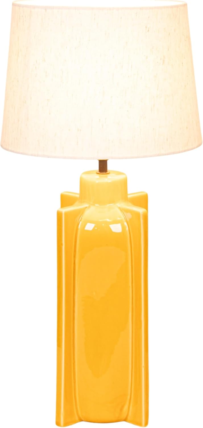 Creative Co-Op Yellow Ceramic Table Lamp with Crossed Base and Linen Shade