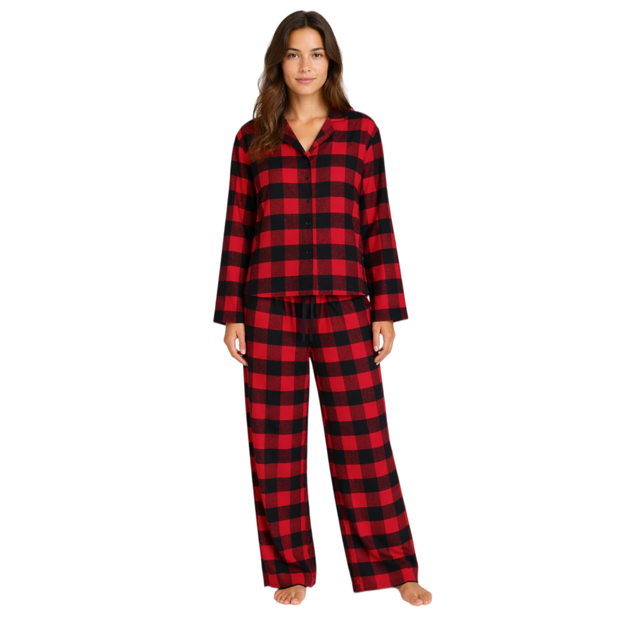 Conjunto de Pijama Tejido de Franela para Mujer 100% Algodón Juego de Ropa de Dormir a Cuadros Manga Larga con Bolsillos