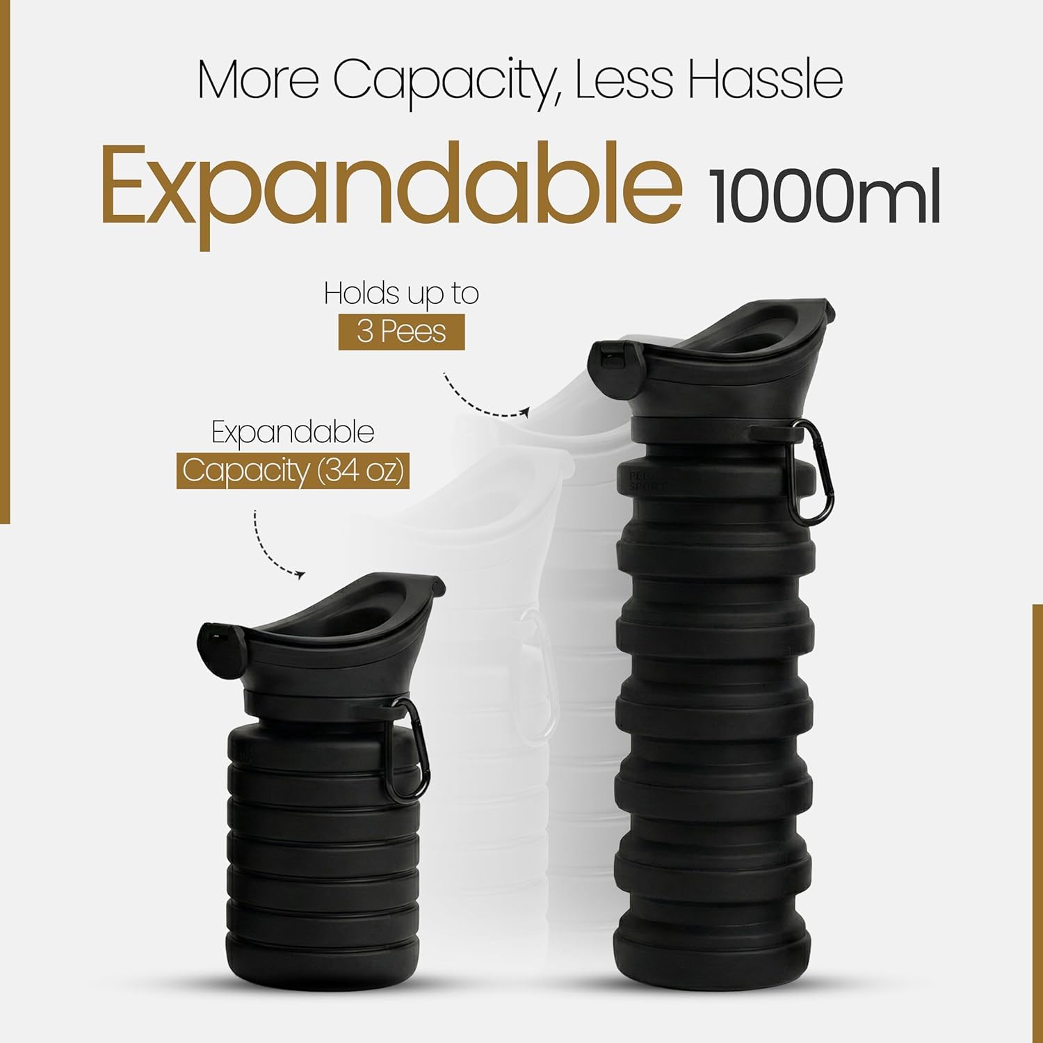 PeeSport - Orinario portátil para hombres y mujeres, silicona plegable de 34 onzas (1000 ml), botella de orina reutilizable y a prueba de fugas – unisex para viajes, camping, mesita de noche y orinal