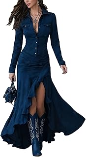 cffvdiz Faux Sued Western Dress for Women Sexy Slim Long Sleeve Button Down Floaty Slit Hem Maxi Dress