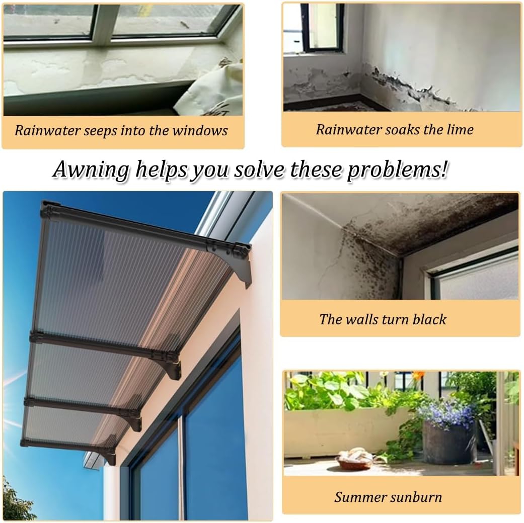 UPF50+ Solar Protection Awning Outdoor Door & Window Canopy Polycarbonate Rain & Snow Shield 80x350cm (31x138 inches) WeatherResistant Entryway Cover