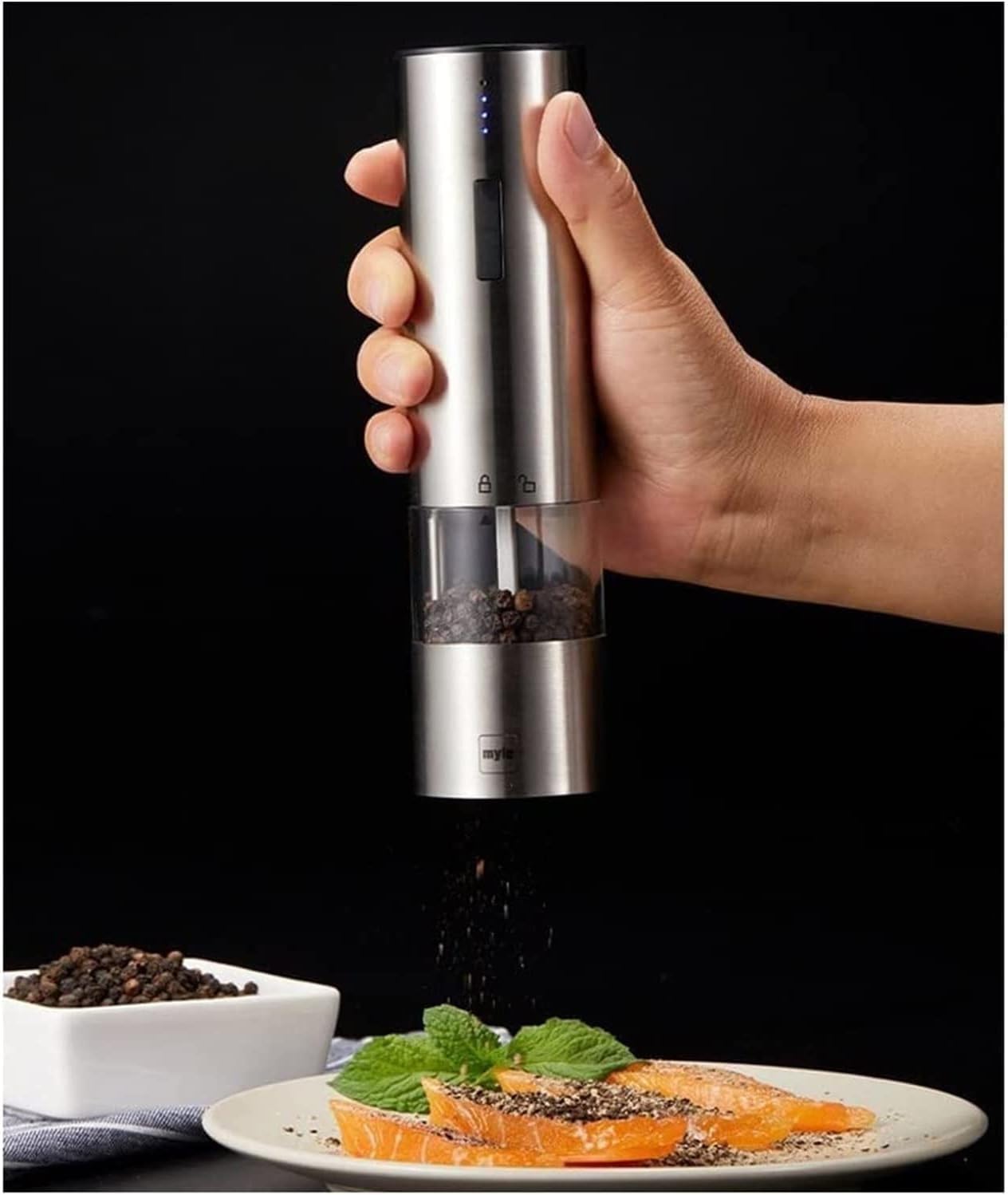 Electric Salt and Pepper Grinder, One Hand Operation Electric Salt and Pepper Mill Automatic Gravity Salt Pepper Grinders, Adjustable Grind Coarseness and Refillable, Stainless Steel Pack