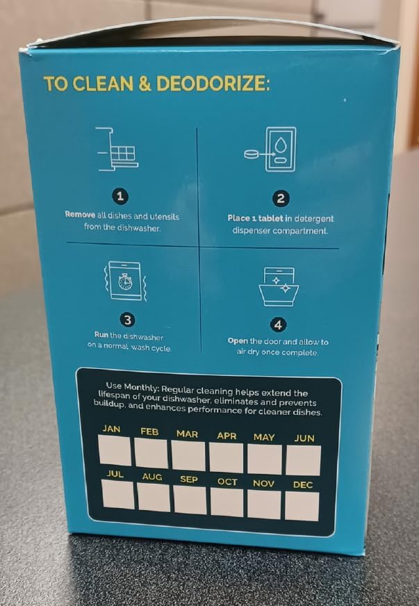 Dishwasher Cleaner & Deodorizer - Deep Cleaning, Eliminates Built-up Residues & Grime in Dishwashers, Odor Remover, Septic Safe, For All Makes & Models, 12 Pack Monthly Maintenance Solution image 9 of 9 B0CXPXW8BM