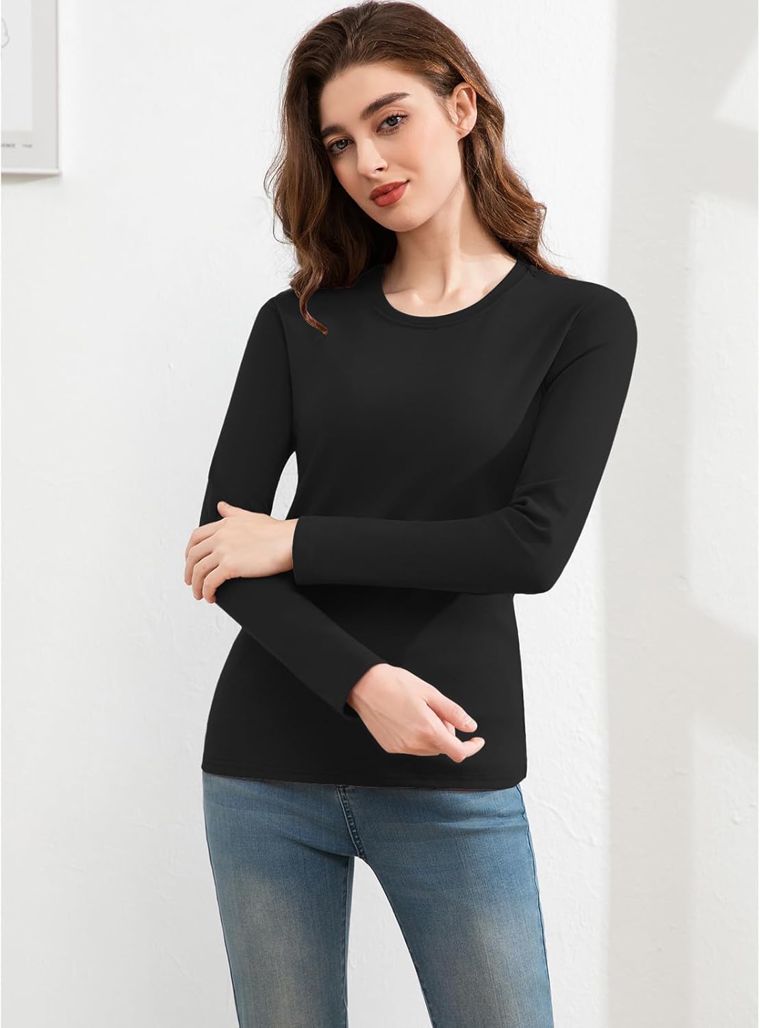 Slim Fitted Long Sleeve Shirts for Women Cotton Tee Tshirts Crewneck Undersrubs Plain Casual Undershirts Tops - Image 4