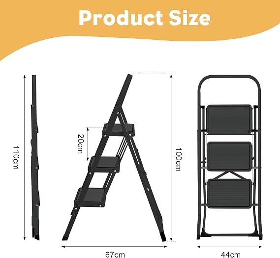 MEETOZ 3 Step Ladder, 3 Step Stool for Adults, Portable Folding Step Ladder with Handgrip, Multi-use Steel Ladder for Household and Office (Black)