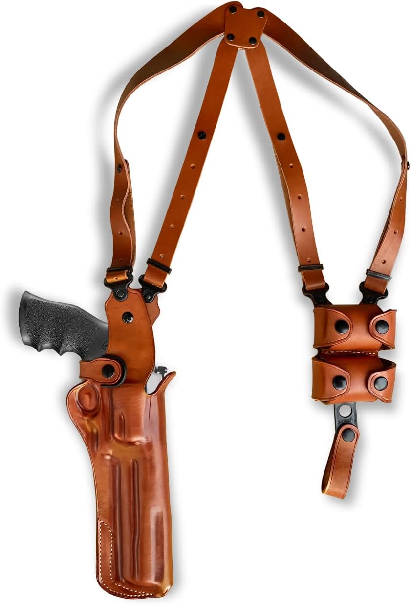 Masc Premium Leather Vertical Shoulder Holster System with Double Speed Loader Pouch Custom Fit GP-100 6-inch, Right-Hand Draw, Brown #0006#