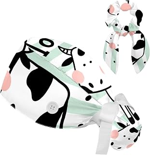 FVQL 2 Pieces Surgical Cap for Long Hair Scrub Cap with Hairband Nurse Cap, Stripe dot and Cow Animal Cartoon