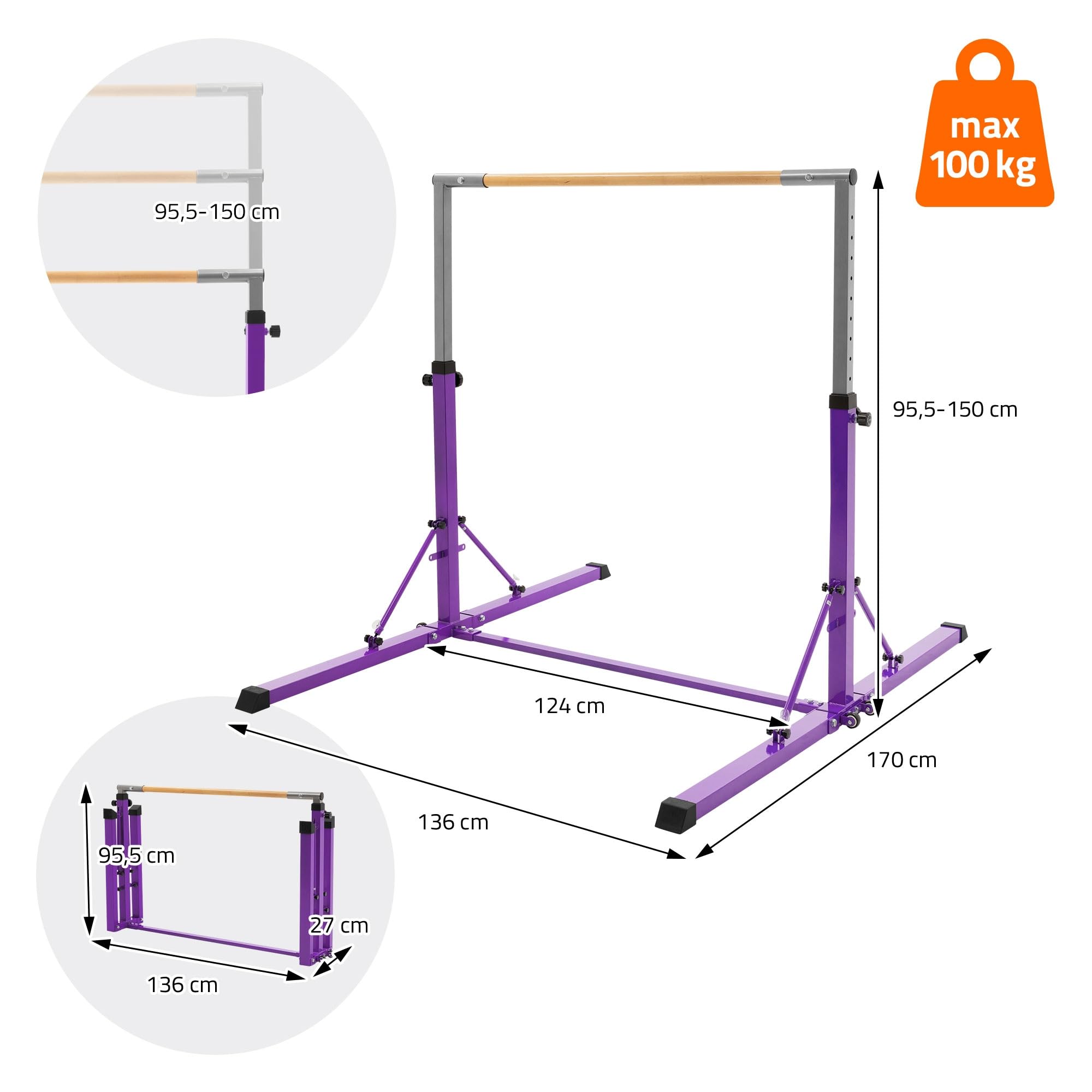 Hauki Barra da Ginnastica per Bambini Vari Colori, Barra Orizzontale Pieghevole, Regolabile in Altezza 95,5-150 cm, Sbarra Ginnastica in Legno e Acciaio, Attrezzi da Ginnastica per Allenamento a Casa