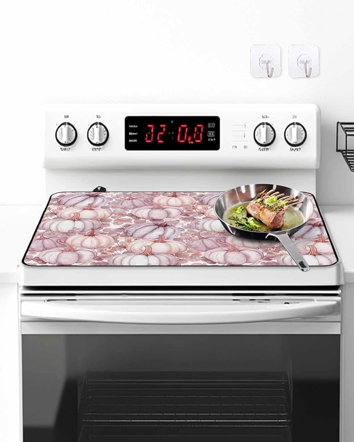 Stove Top Cover for Electric Stove Fall Thanksgiving Watercolor Light Pink Pumpkins Eucalyptus Leaves 28.5" x 20.5" Heat Resistance Electric Stove Cover Glass Stove Top Protector Counter Protector
