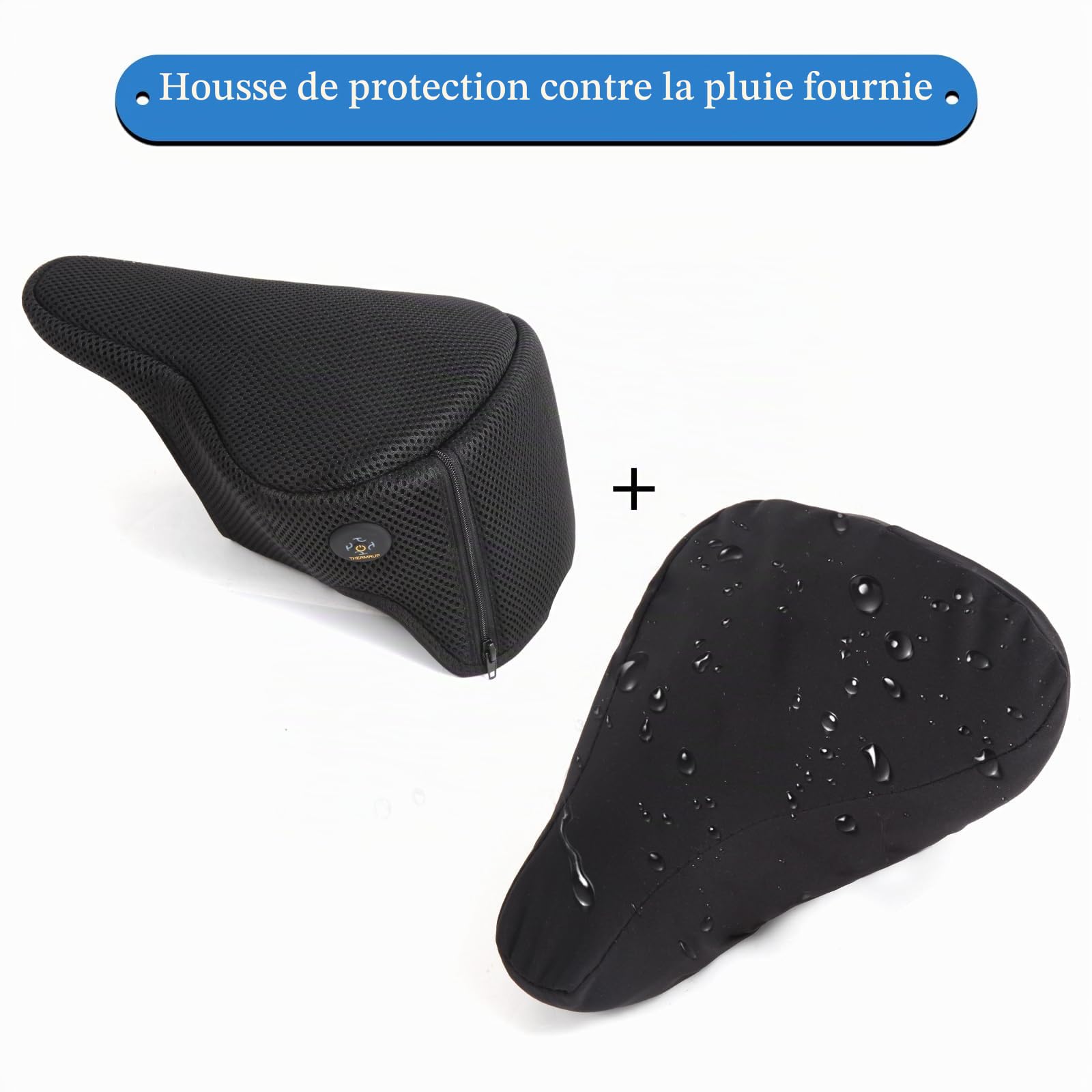 Thermrup Housse de selle de vélo chauffante USB avec sac de batterie externe et housse de pluie