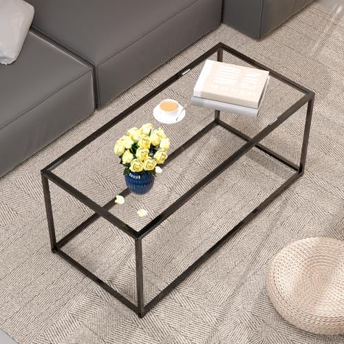 Glass Coffee Table Modern Center Table,Minimalist Coffee Table for Living Room,Tempered Glass-top with Sturdy Metal Frame, Easy Assembly,Black - Image 4