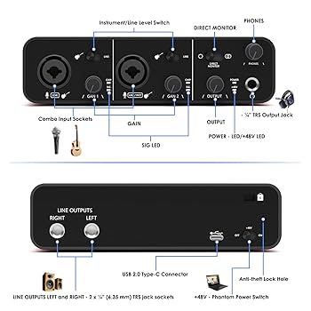 DTM・DAW USB Audio Interface 24-Bit/192kHz Professional 2 Channel USB Audio Interface for Live Streaming