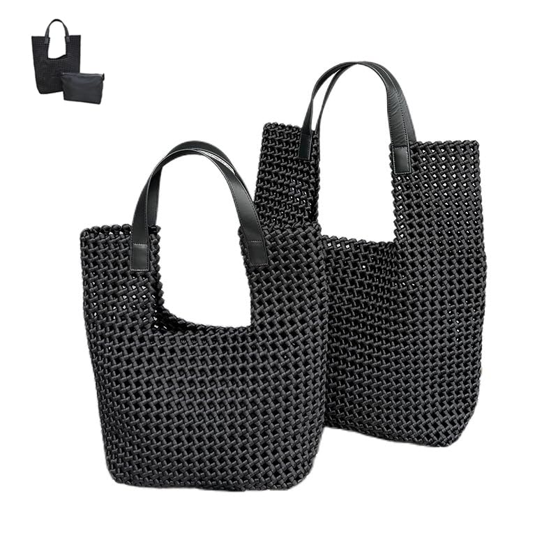 Satin Woven Tote Bag for Women Hollow Out Handbag Large Summer Purse Retro Handmade Bag with Leather Shoulder Strap