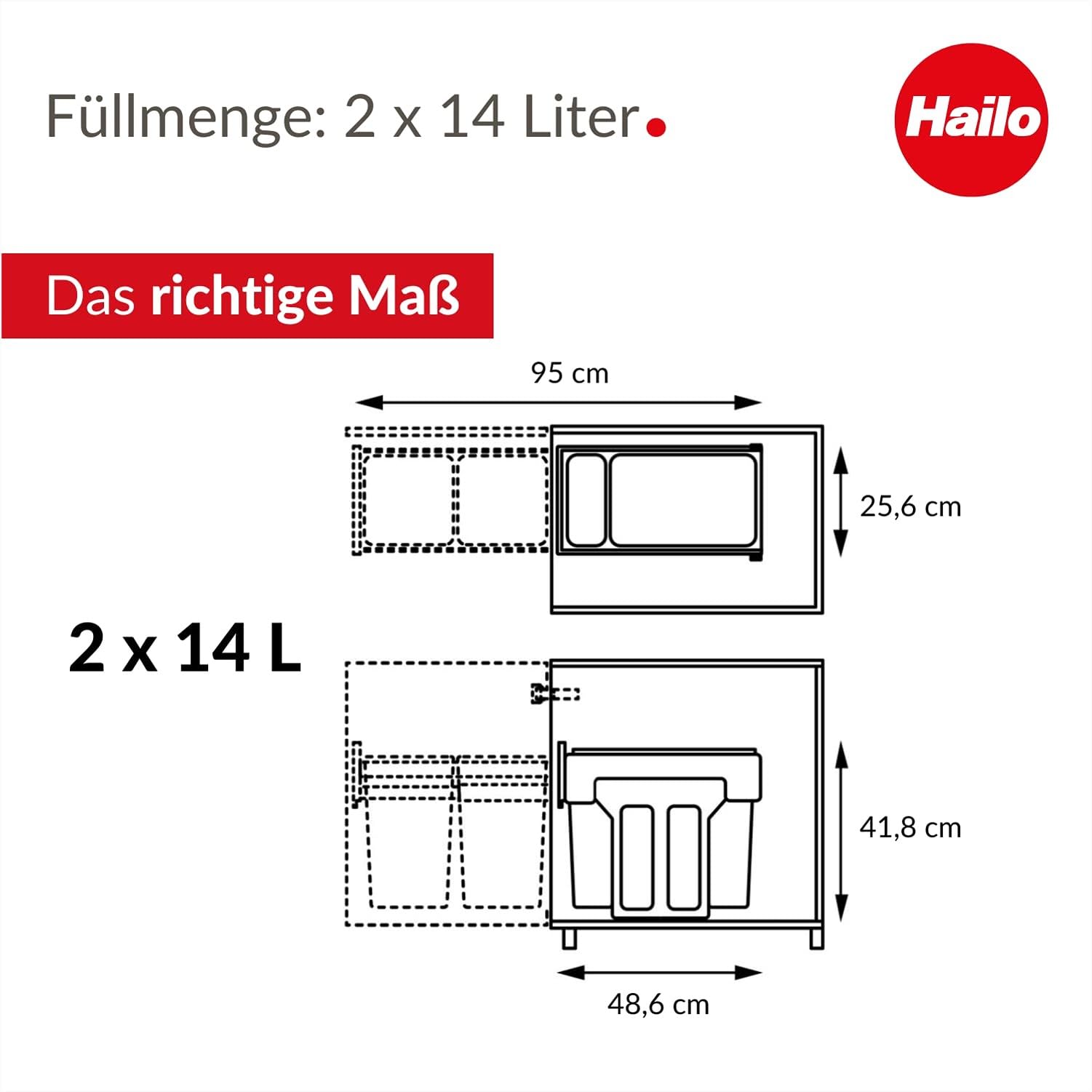 Hailo EcoLine Design Duo L Einbau-Mülltrennungs-System 2x14 Liter - Duo-Mülleimer mit Vollauszug - Stahlblech - schwarz - ab 30 cm Schrankbreite