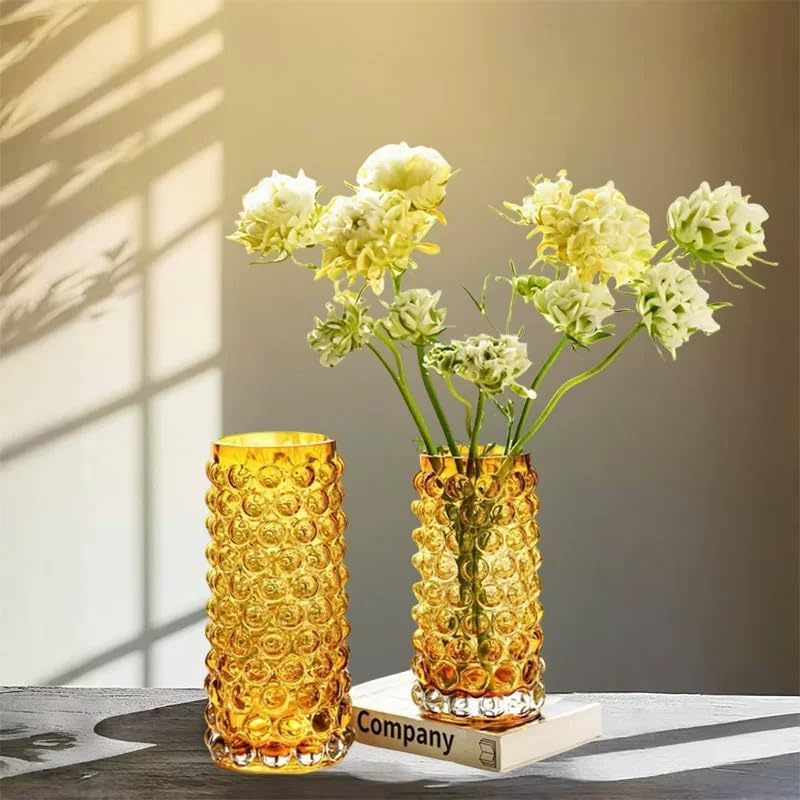 Unique Large Bubble Gold Glass Cylinder Vase-11 inch Tall, Flower Ribbed Vase for Living Room, Bedroom, Dinning Table, Office, Wedding, Table, Centerpieces. - Image 4